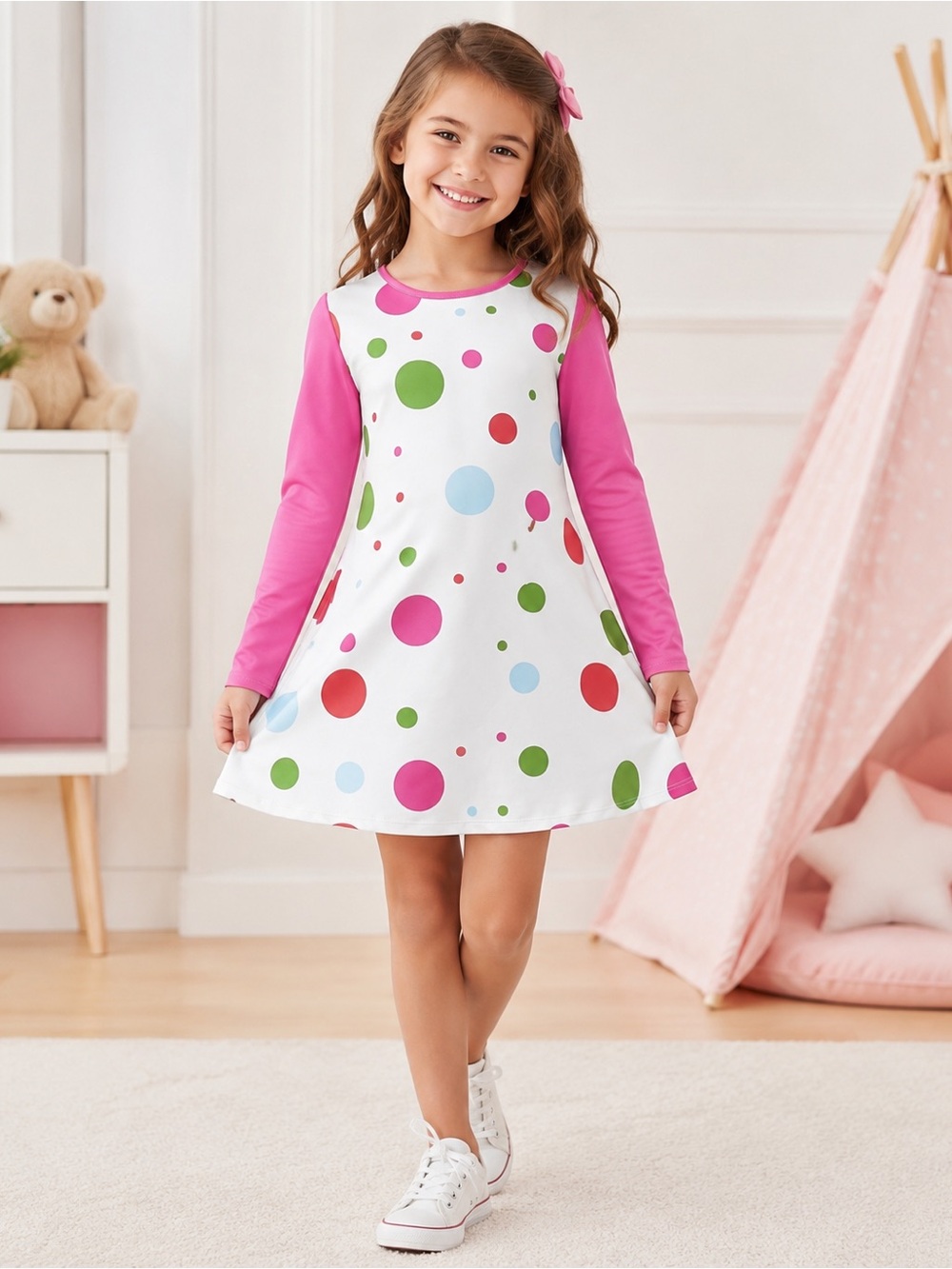 Girls Polka Dot A-Line Dress with Pink Sleeves